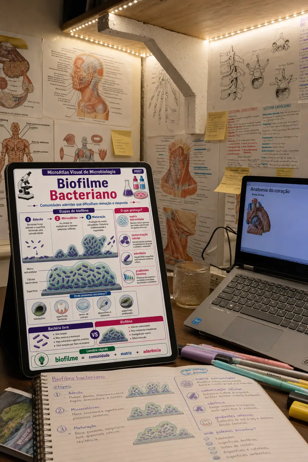 Mesa de estudos com página sobre biofilme bacteriano do MicroAtlas