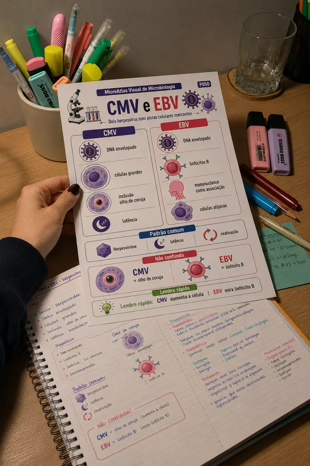 Anotações de estudo com página CMV e EBV do MicroAtlas